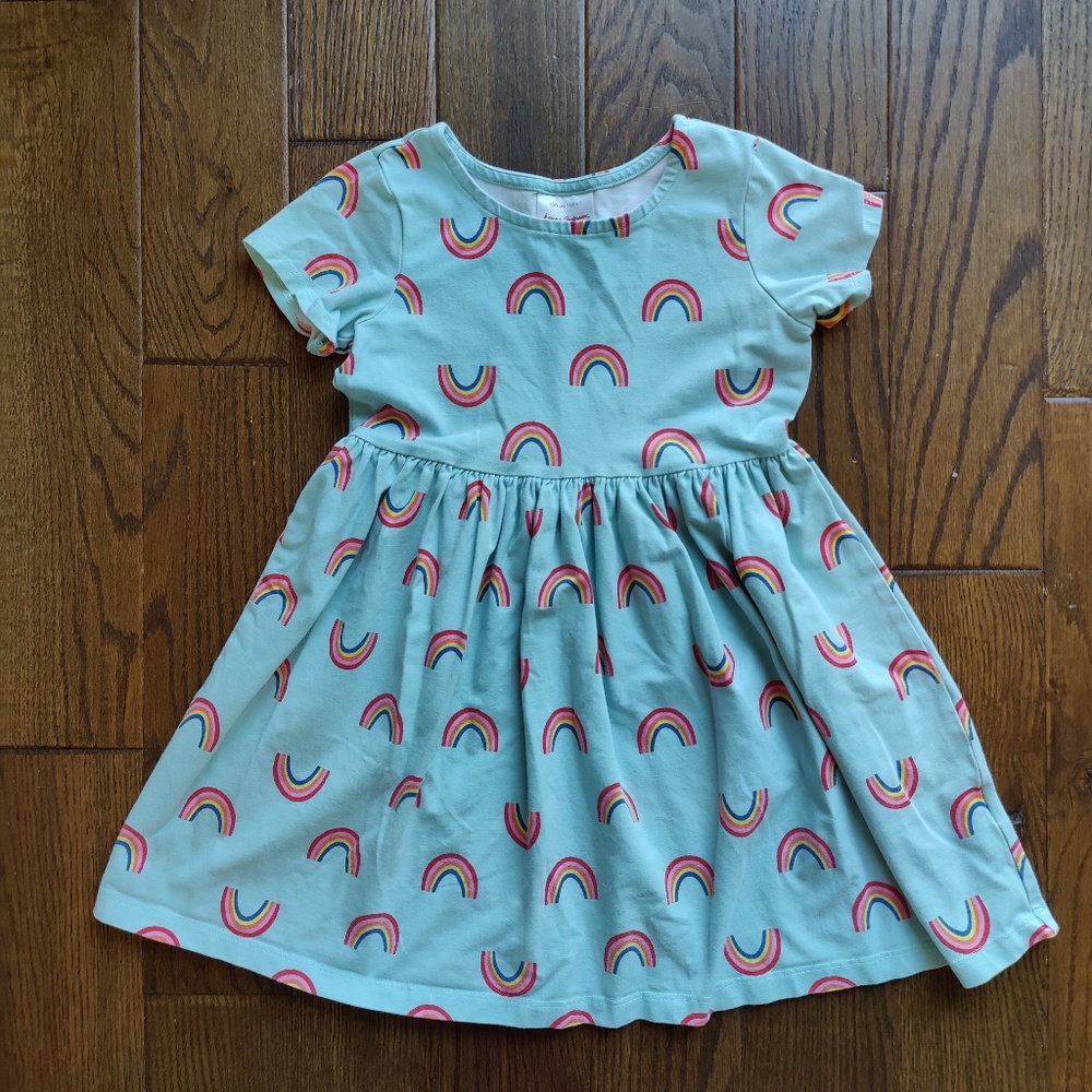 Hanna Andersson Girls Short Sleeved Rainbow Dress - Light Blue, Size 6-7